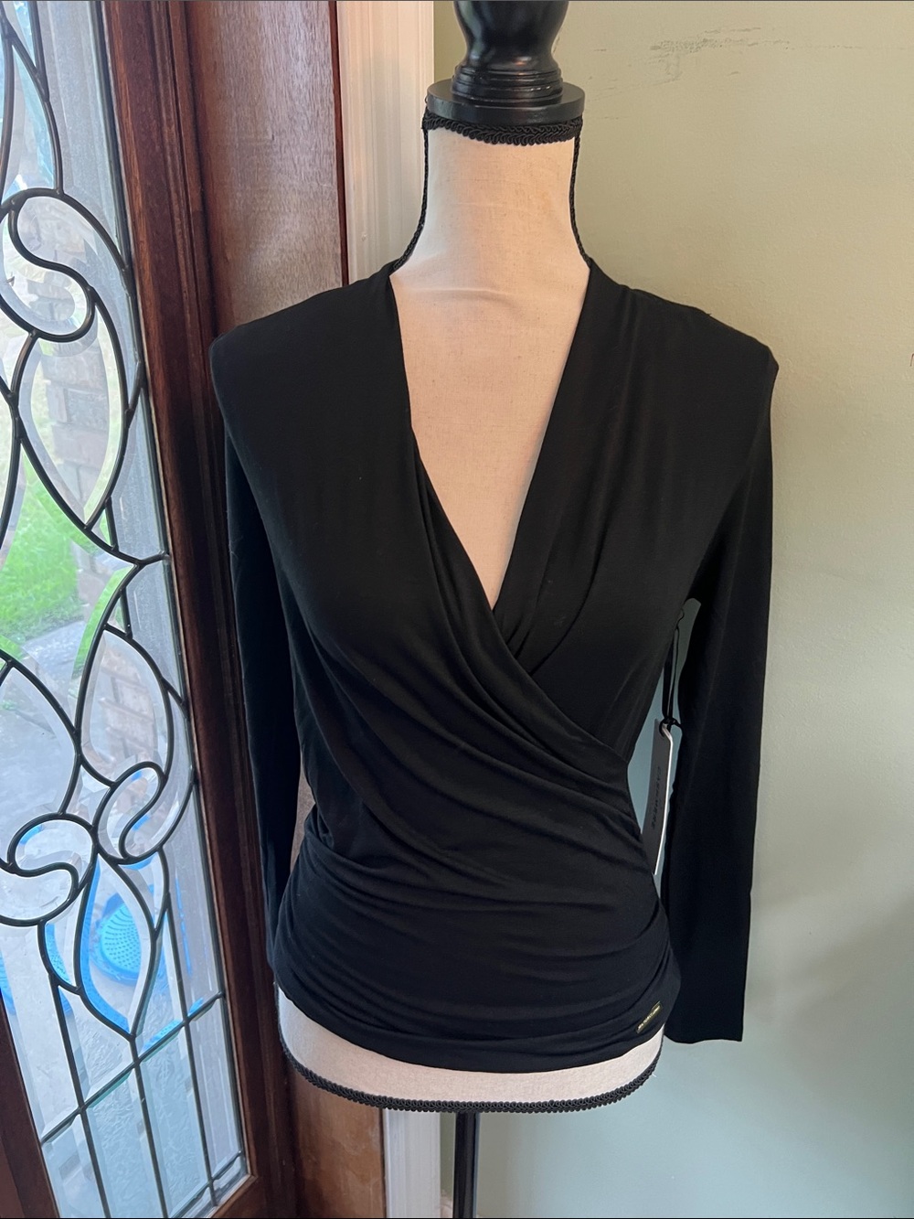 New York & Company Black Draped Wrap-Front Long Sleeve Top